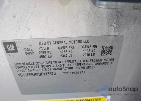 2013 Chevrolet Malibu Eco Premium Audio z USA, uszkodzony, nr VIN 1G11F5RR9DF113670